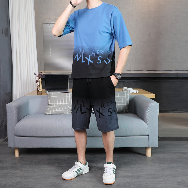 Traje casual de verano para hombres gran tamaño suelto mangas cortas cuello redondo camiseta pareja de dos piezas juego deportivo 7 pantalones cortos