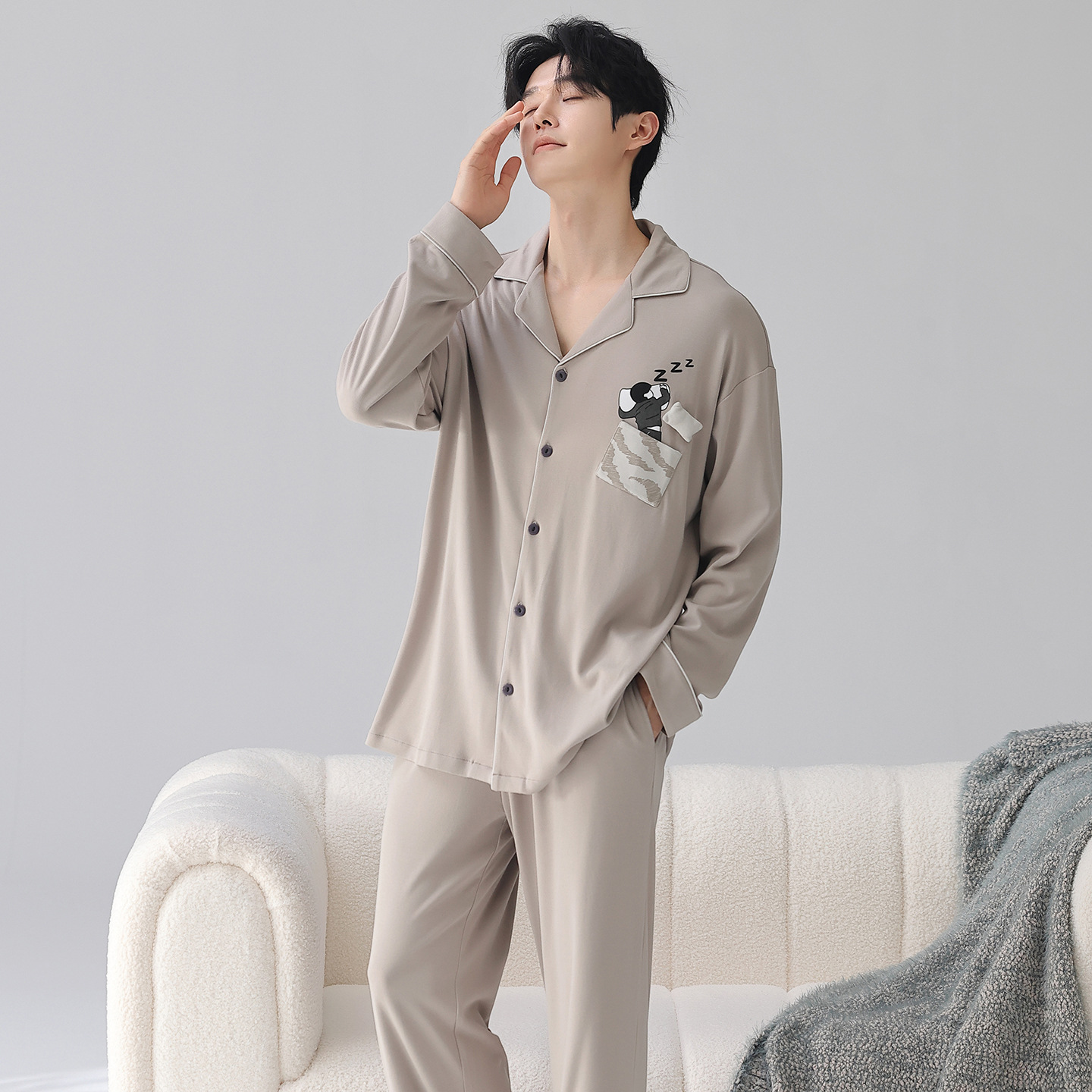 Cross-Border Modal Cotton Pajamas Men's Spring and Autumn New Long-Sleeved Cardigan Simple Casual Home Wear Set