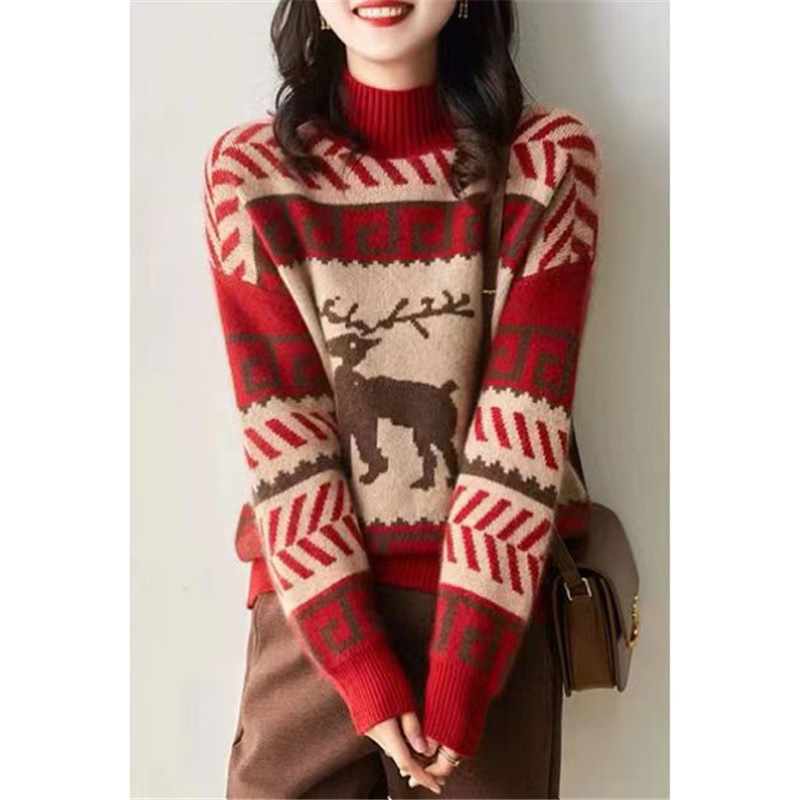 Red New Year Christmas Sweater for Women 2025 New Deer Autumn and Winter Loose Outside Wearing Lazy Style Thickened Needle Sweater