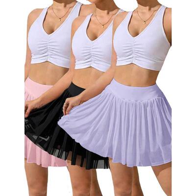 E452 代发速卖通亚马逊跨境新款运动裙3 件套女式高腰喇叭网