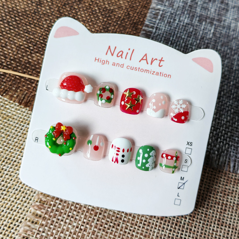 Bow Christmas Hat Children's Manicure 3-6-11 Years Old New Year Cartoon Children's Nail Stickers Handmade Wearable Nails Bow Christmas Hat Children's Manicure 3-6-11 Years Old New Year Cartoon Children's Nail Stickers Handmade Wearable Nails
