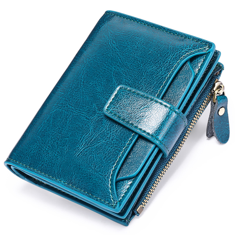 Foreign Trade Retro Oil Wax Leather Wallet for Women, Short Style, Multifunctional Zipper, Large Capacity Card Holder, Coin Purse