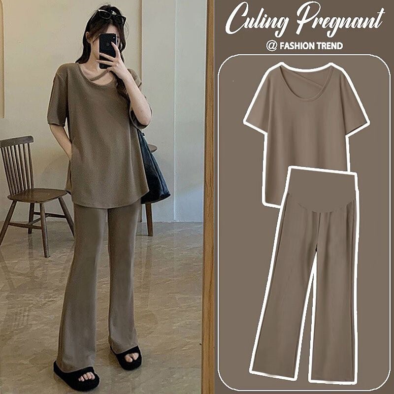 Maternity Wear 2026 New Summer Korean Style Hot Mom Outfit Set, Trendy Belly-Covering Tops and Maternity Pants for This Year