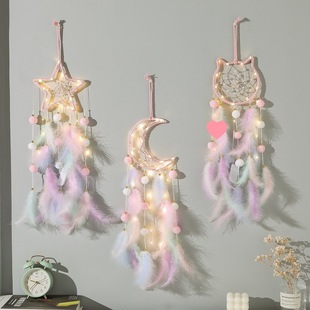 Girly Heart Dream Catcher Hanging Bell Handmade DIY Finished Feather Woven Pendant Cute Kidsren's Room Decoration