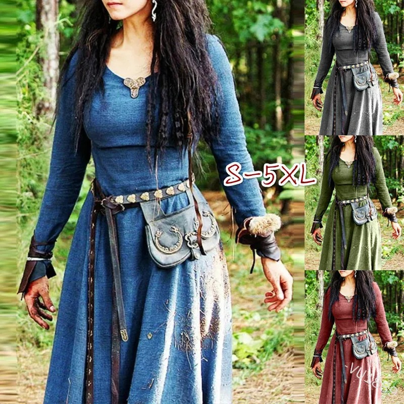 欧美中世纪复古圆领长袖修身连衣裙 文艺复兴长款cosplay表演服女