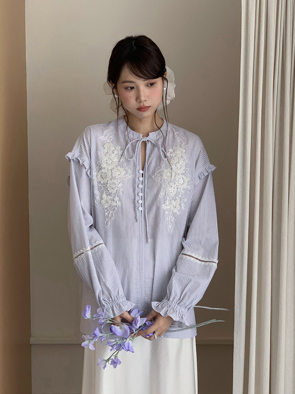 【巨重工 落日灯塔】法式复古刺绣衬衫女秋季新款长袖上衣T1971F|undefined