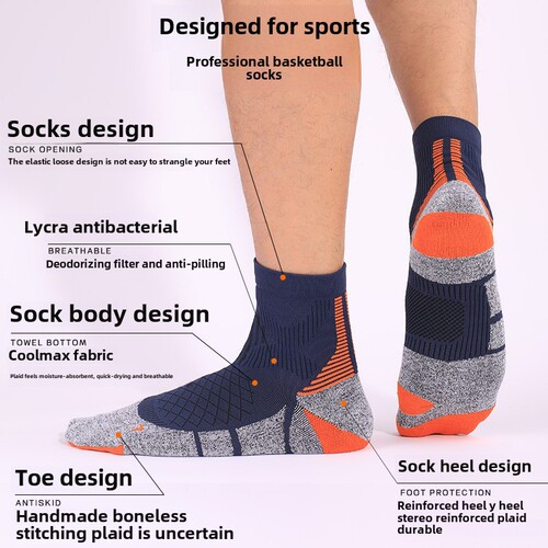 Coolmax sports socks with antibacterial deodorant, thick towel sole marathon cycling socks, quick-drying professional running socks