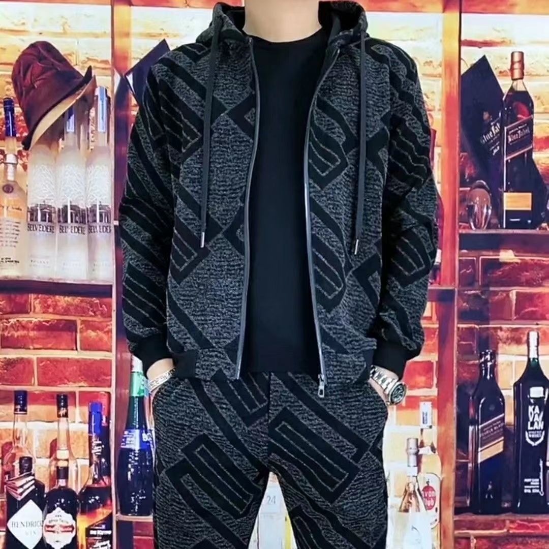 Fleece-Lined Thickened Men's Sports Suit Fashion Stylish Casual Sportswear Long-Sleeve Two-Piece Trendy Versatile