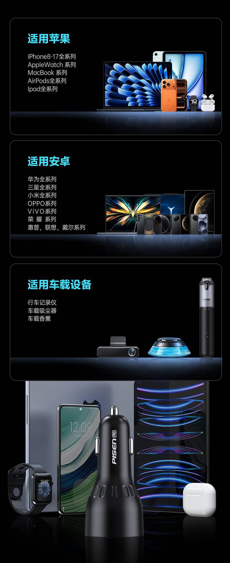 Pisen 65W Multi-Port Fast Charging Car Charger USB Car Fast Charger Dual Cigarette Lighter Pd Fast Charging for Apple 17