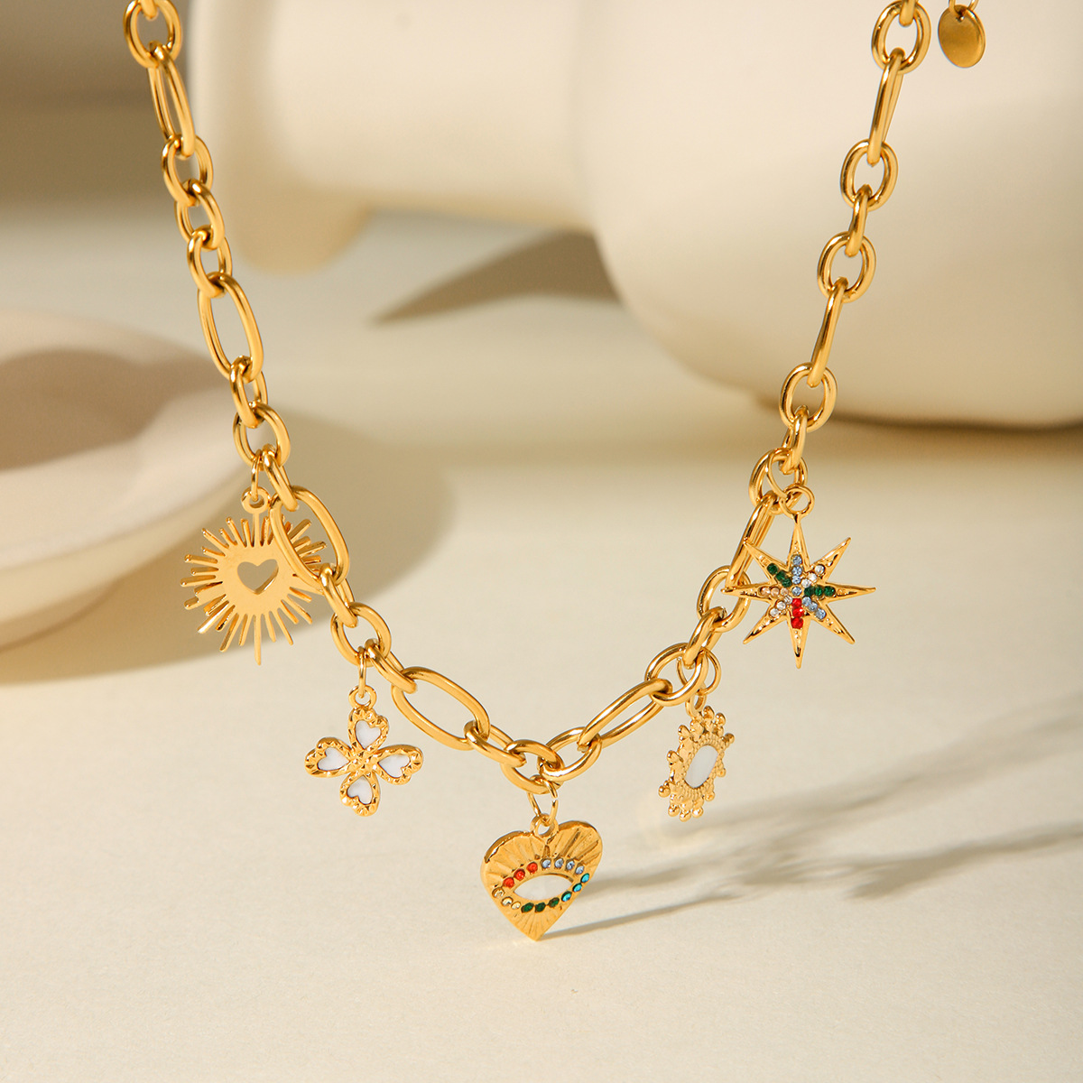 1 Piece Quantity PVD Coated Real Gold Plated Star Heart Shape 304 Stainless Steel Casual Elegant Lady Waterproof Non Tarnish 304 Stainless Steel Multi Charms Necklace