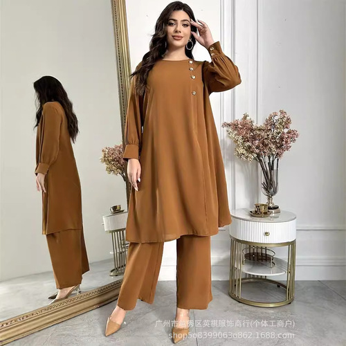 Amazon Middle East Dubai Loose Casual Solid Color Crew Neck Button Long Dress Woman Set Fashion Office Wear