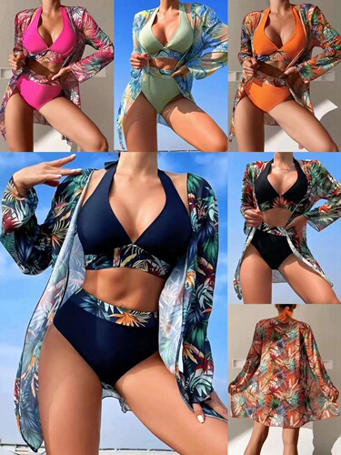 European and American cross-border swimwear new women's three-piece bikini floral print drawstring beach sun protection swimsuit