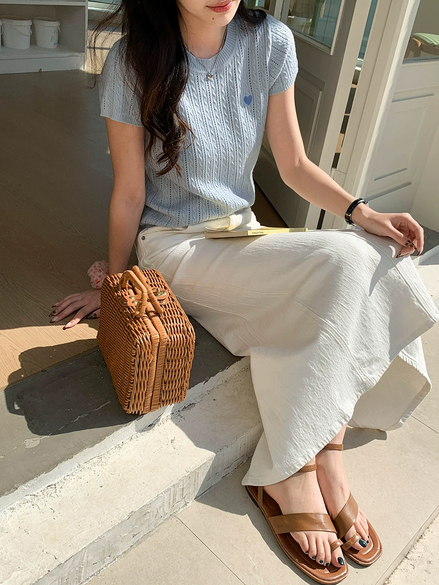 3-й утренний дизайн вышивки Sense Hollow Twist Round Neck Short Sleeve Knitted Sweater ZY2782