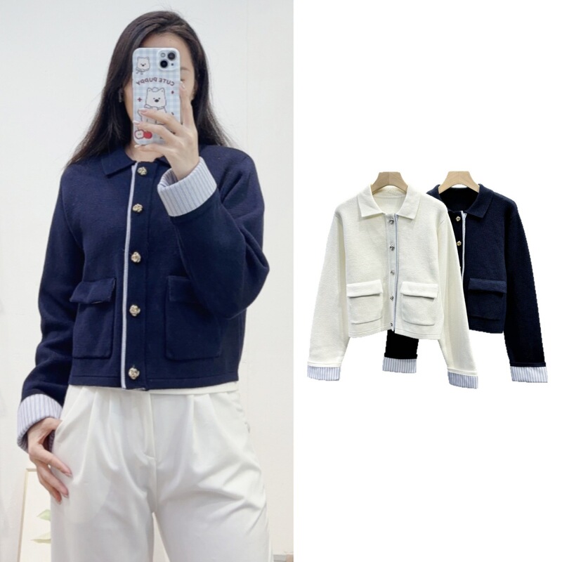 Cross-Border Autumn Women's Clothing French Style Casual Versatile Lapel Knitted Cardigan with Contrasting Color Long-Sleeve Jacket for Women Cross-Border Autumn Women's Clothing French Style Casual Versatile Lapel Knitted Cardigan with Contrasting Color Long-Sleeve Jacket for Women