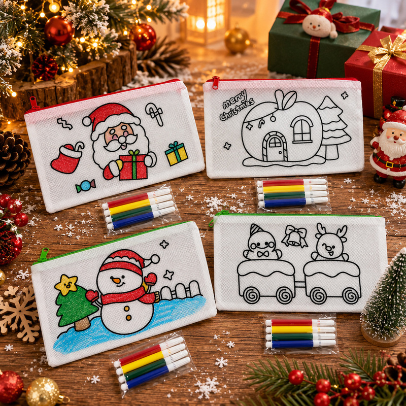 Children's Christmas doodle pencil case comes with a set of 4 watercolor pens, kindergarten DIY painting stationery bag
