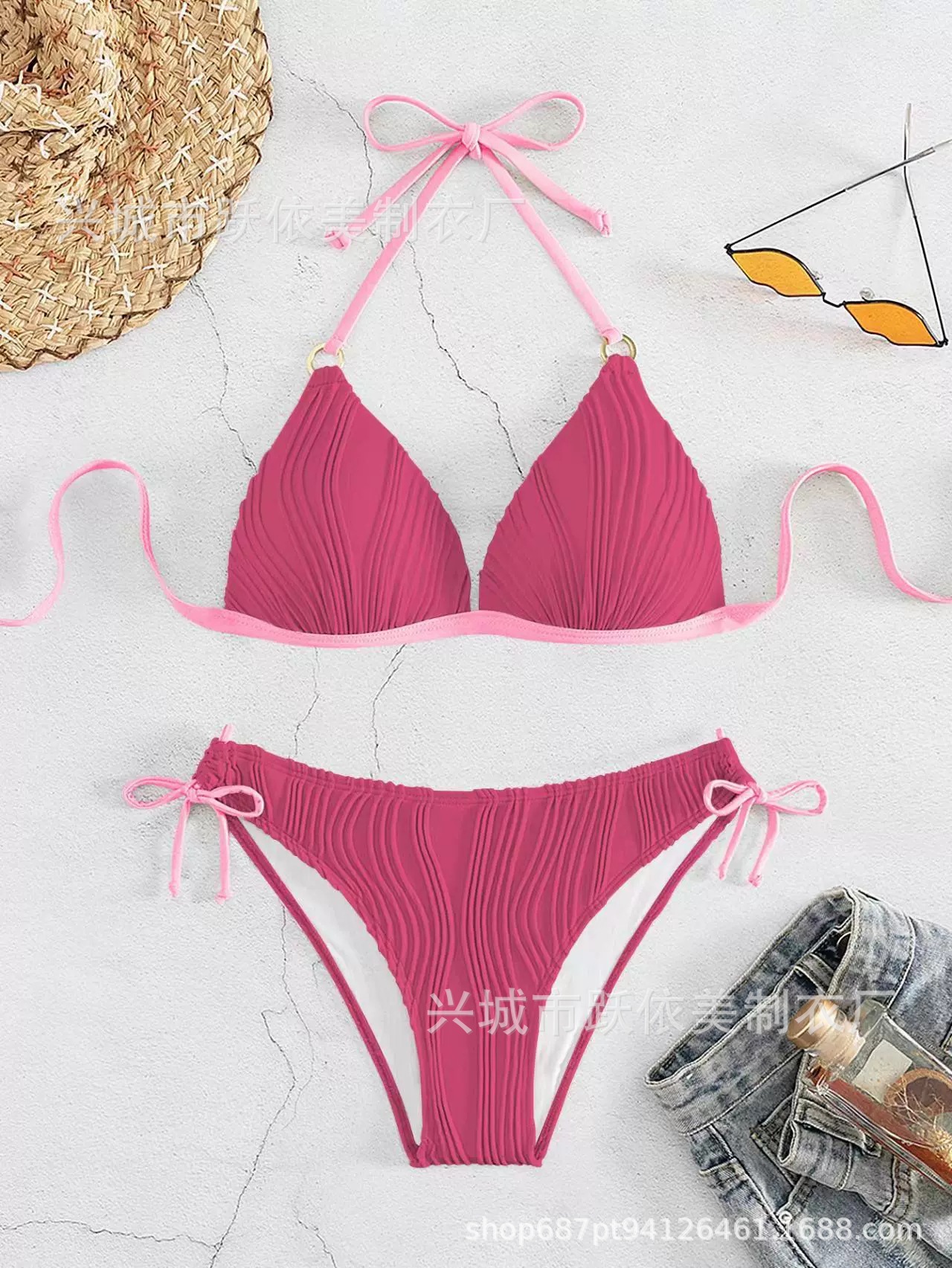 欧美新款游泳衣跨境性感分体带胸垫比基尼糖果色波浪法式三点详情17