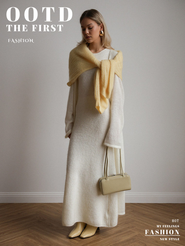 Bộ đầm dệt kim hai mảnh nữ gồm áo cardigan dài tay và đầm liền thân dáng dài — trắng, tím chi tiết 1