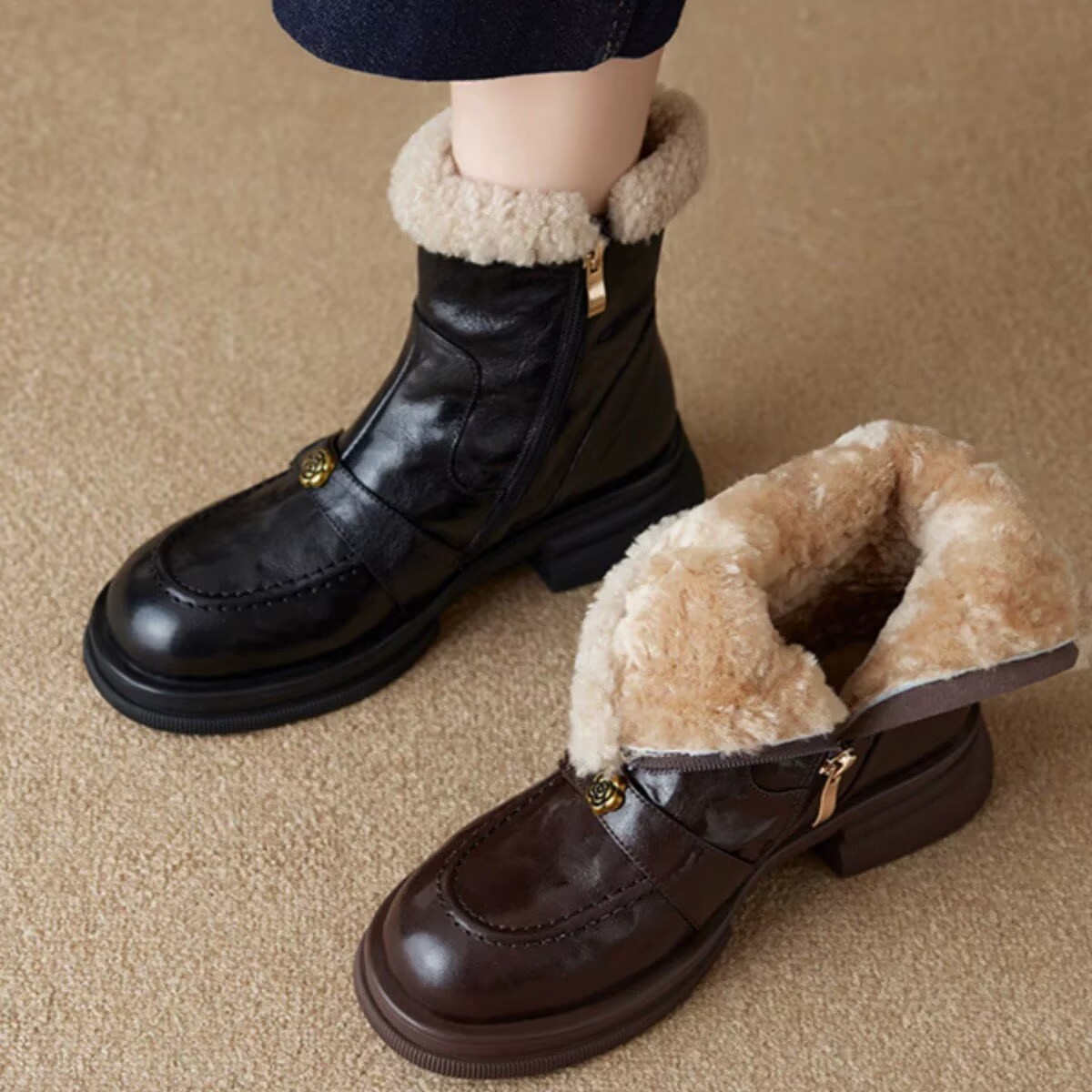 In Stock】Fleece-Lined Martin Boots for Women, New Autumn and Winter Style, Camellia British-Style Chunky Heel Cotton Boots, Thick-Soled Short Boots, Woolen and Warm