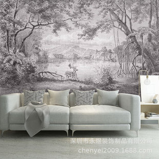 Customized Modern French Forest Animal Wallpaper Retro Sketch Background Wallpaper Wall Covering Jungle Elk Seamless Mural