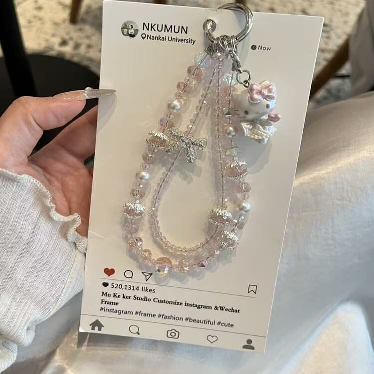 可爱粉色kt猫珍珠手机链挂绳小众ccd相机挂件少女甜美精致钥匙扣|undefined
