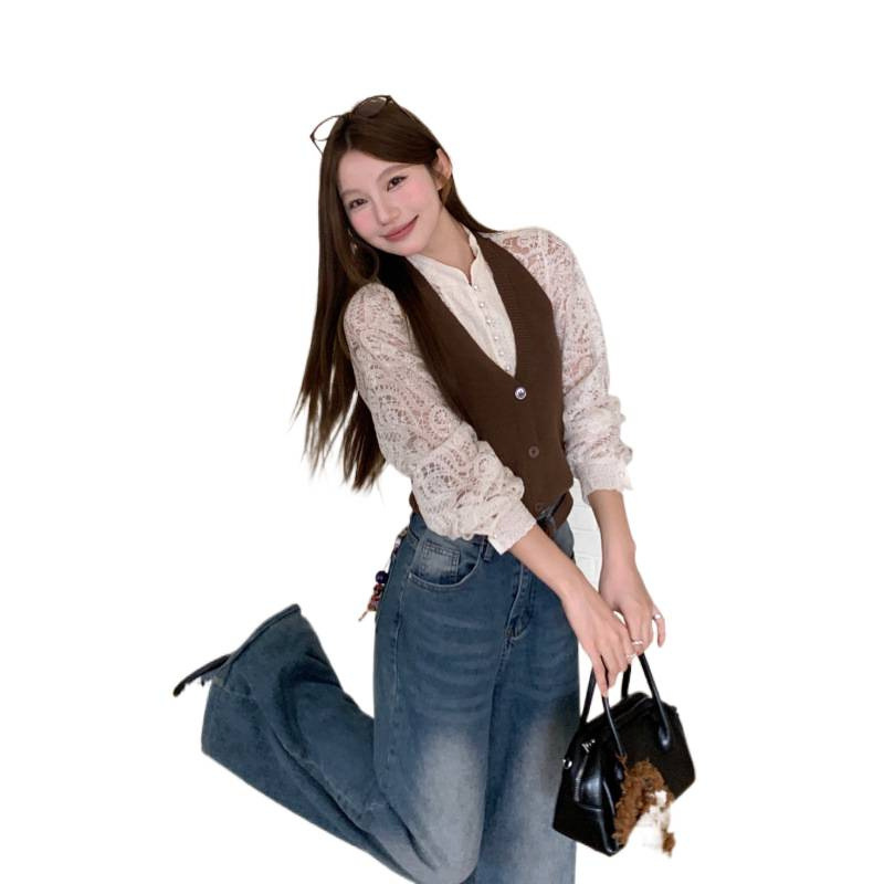 早秋法式复古风挂脖针织衫休闲外搭背心马甲两件套女|undefined