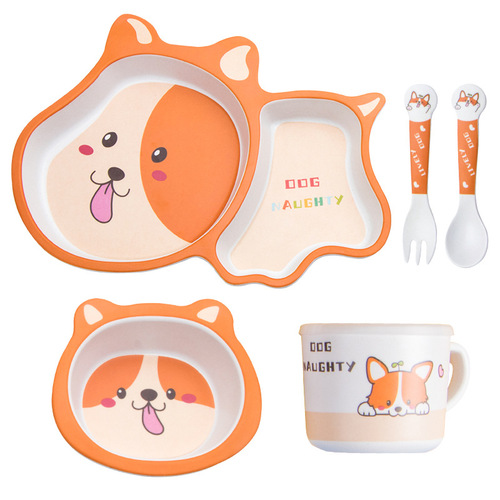 Bamboo fiber animal children's tableware set infant food bowl baby eating grid plate dinner plate spoon fork cup