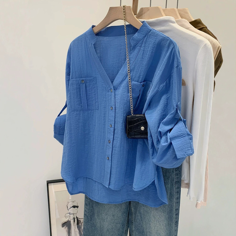Korean Fashion Klein Blue V-Neck Long-Sleeved Shirt 2026 New Style High-End Chic Loose Workwear Shirt Top
