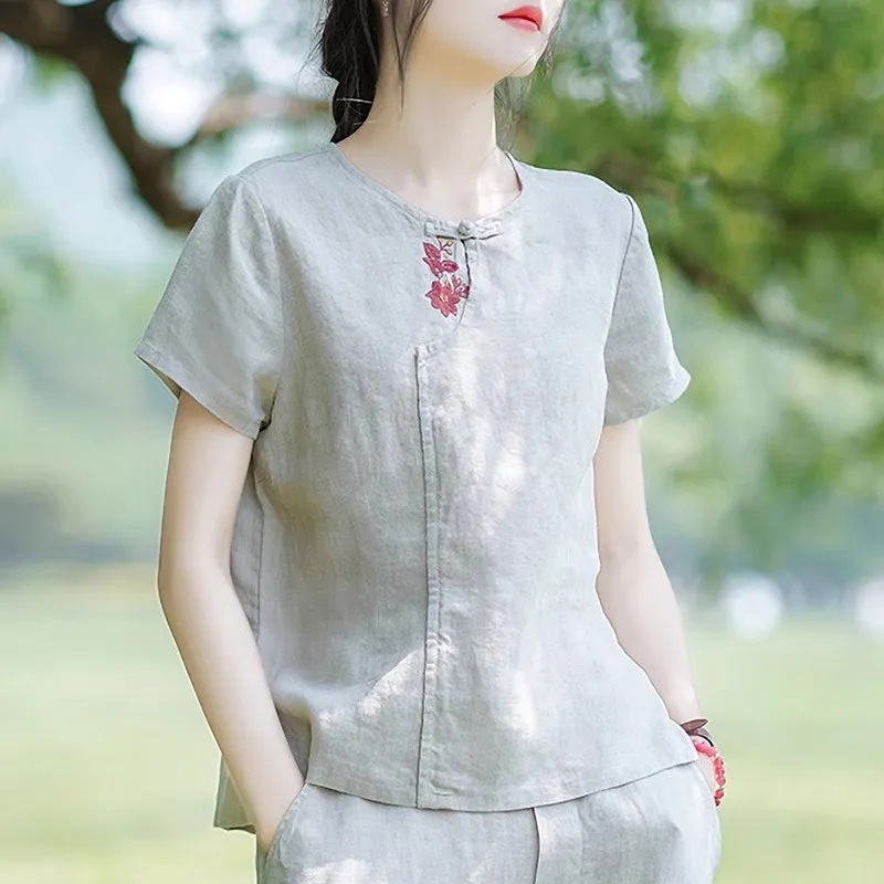 棉麻民族风新中式刺绣短袖t恤春夏季文艺女新款宽松休闲上衣小衫|undefined