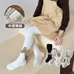 2024 new autumn and winter plus thin velvet girls' bow pantyhose western style baby girl leggings pantyhose