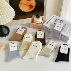 襪子女士秋冬季純色日系中筒棉襪吸汗透氣百搭笑臉字母燙印堆堆襪