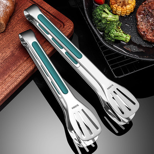 304 Stainless Steel Food Clip Green Handle Anti-scalding Non-slip Household Kitchen Silicone Barbecue Clip Barbecue Baking Bread Clip