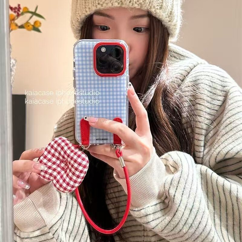 ins蓝格纹红皮绳适用iPhone17PROMAX手机壳新款16/15/14女款13/12|undefined