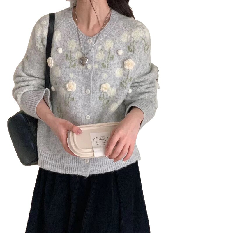 韩系立体花朵少女风针织开衫外套秋冬新款时尚百搭减龄甜美毛衣女|undefined