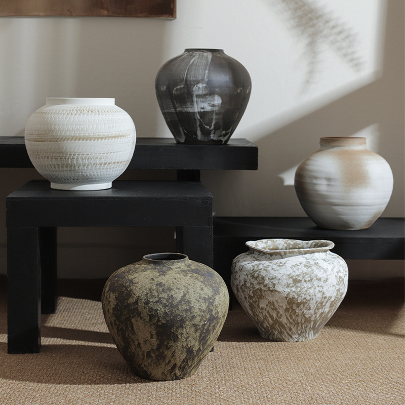 Wabi-Sabi Style Ceramic Vase B&B Hotel Soft Decoration Matchinging Ornaments Jingdezhen Handmade Pottery Retro Pottery Vase Flower Arrangement