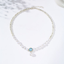 韩版天然淡水珍珠项链轻奢风气质海蓝宝石碎银子锁骨链项饰女批发