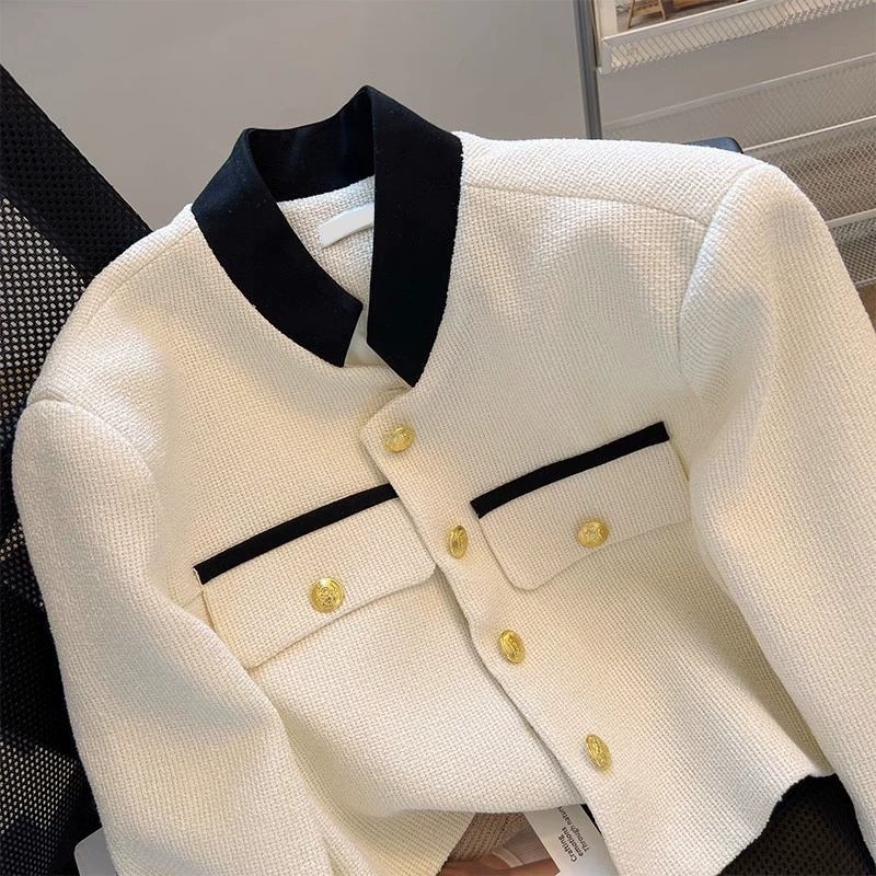 Белая осенняя куртка, стиль Chanel, французский стиль, стиль высокого качества, высокая талия