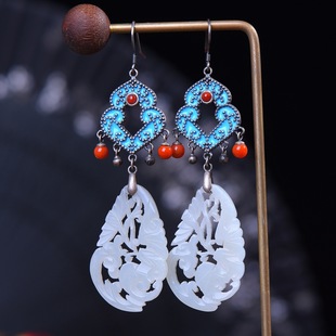 S925 silver inlaid retro enamel with south red beads big earrings earrings Ming and Qing court design Hetian jade flower bird earrings