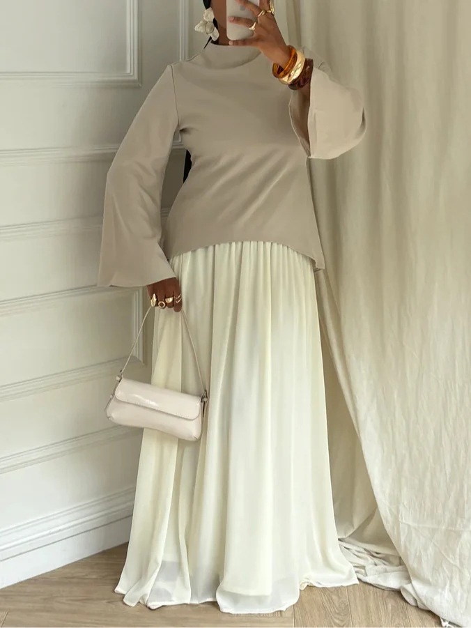 2025 European and American Clothing Amazon Pure Color Long-Sleeved Top Bottoming Shirt + Long Skirt Lined Skirt Two-Piece Set