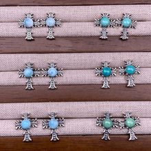 海纹石湖北绿松石耳钉S925银镶嵌复古银做旧十字架个性耳饰品时尚