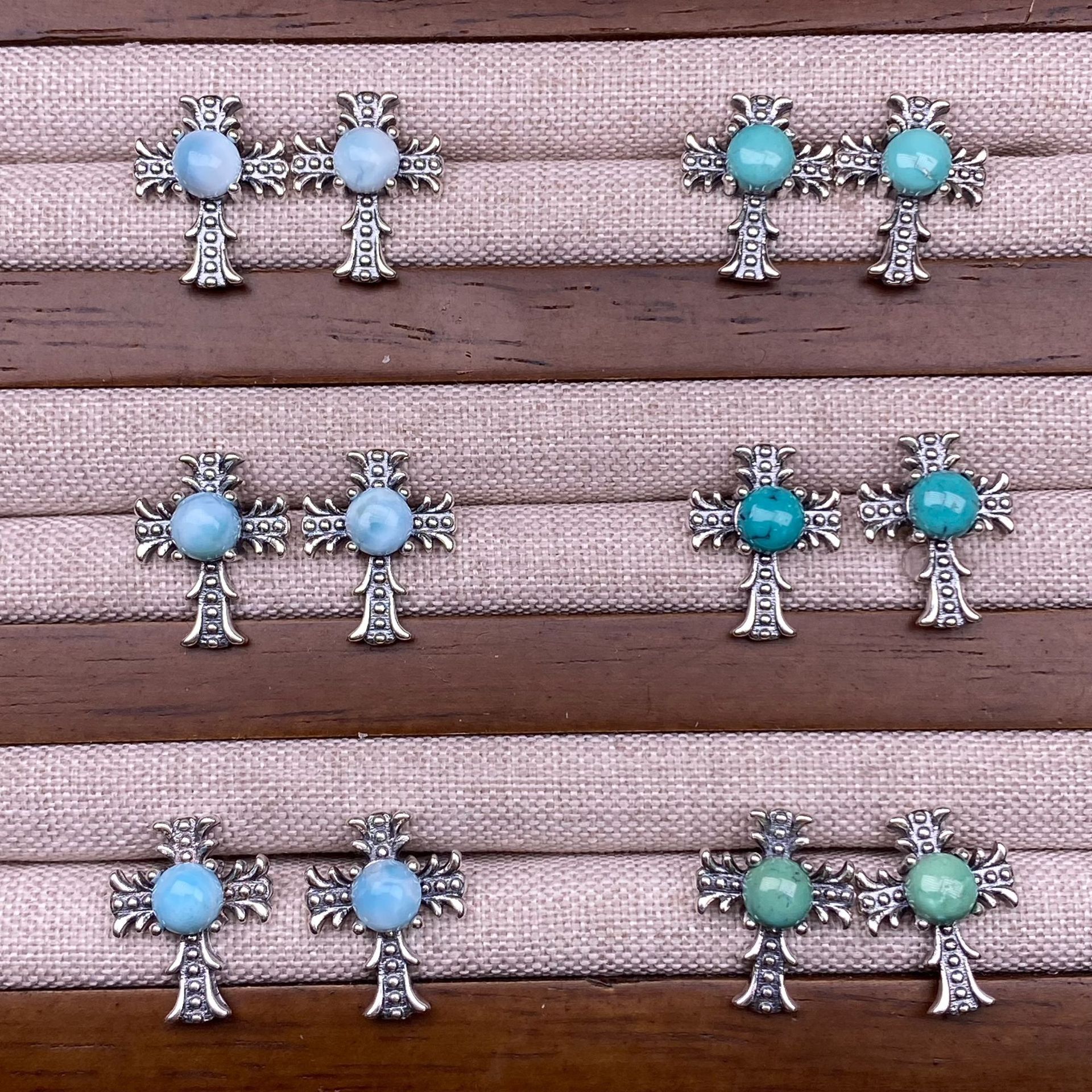 海纹石湖北绿松石耳钉S925银镶嵌复古银做旧十字架个性耳饰品时尚