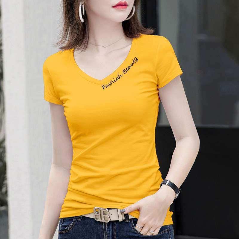 Ladies embroidered short-sleeved loose Korean style V-neck t-shirt