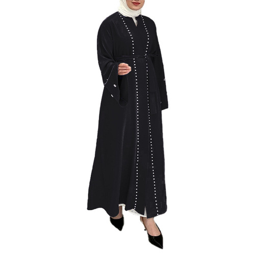 Yiduodu European and American Solid Color Flared-Sleeve Cardigan with Pearl-Inlaid Patchwork Dress 21666 Middle Eastern Style Long Sleeve