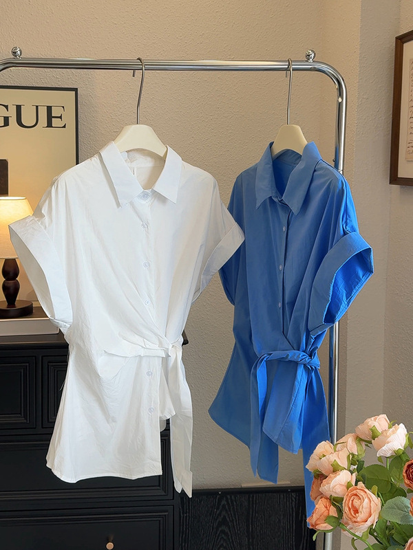 Lapel Unique Waist Design Shirt Women's Summer Work Clothing Loose Twist Strap Cotton Short-Sleeved Top 2025