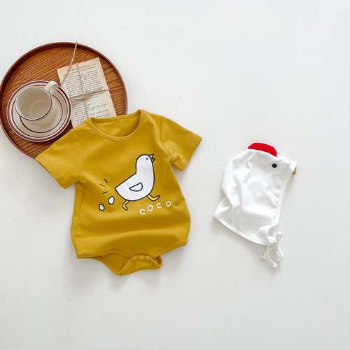 Baby Summer Ins Thin Boys' Onesie with Cap and Overalls Chick Pattern Girls' Onesie Crawling Suit Children's Wear 
