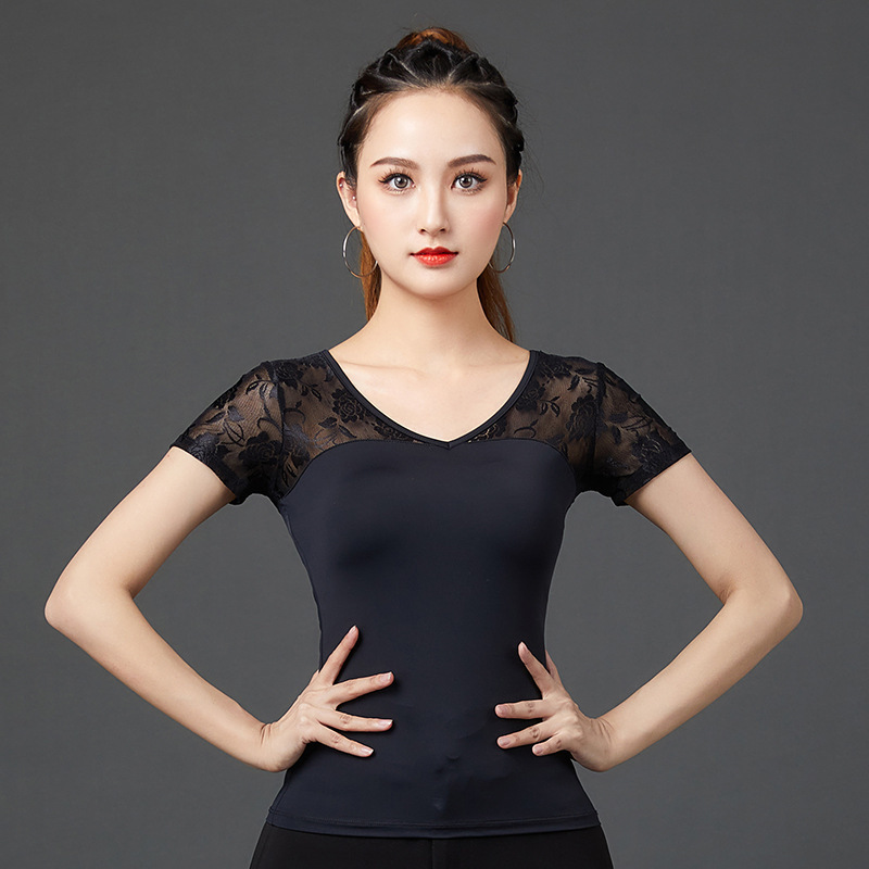 Fashionable Lace Dance Clothes Square Dancer Adult Latin Dance Tops Dance Clothing Black Mid-Sleeve