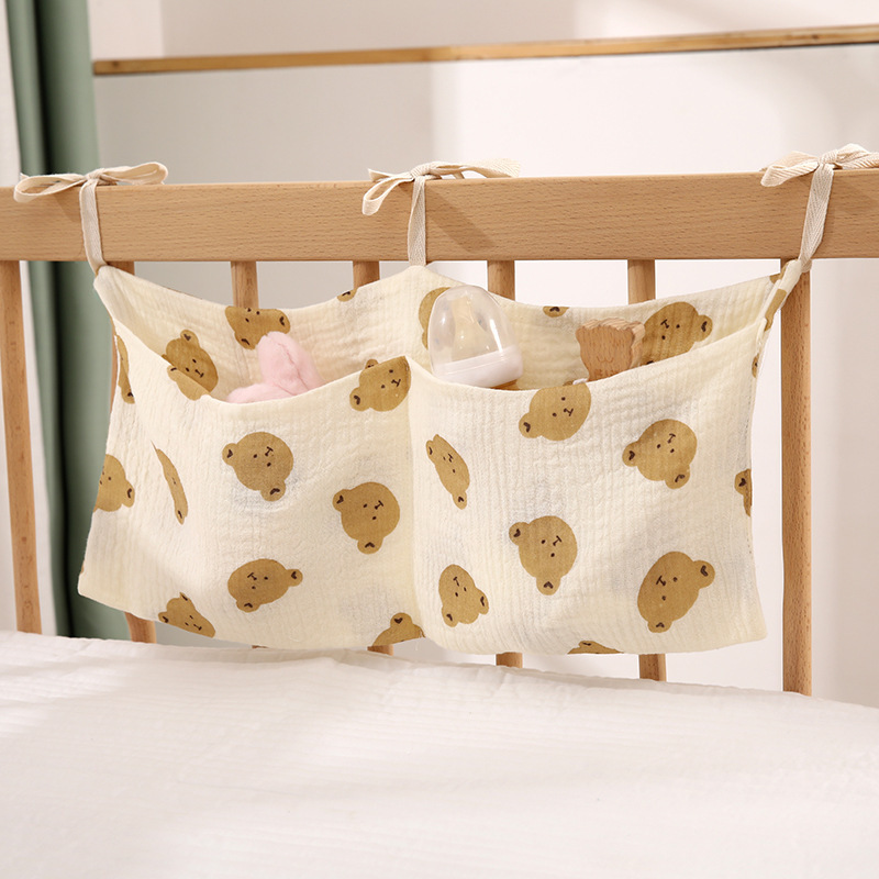 Double-Layer Pure Cotton Baby Bedside Storage Bag Double Pocket Stroller Hanging Bag Printed Baby Bottle Hanging Bag