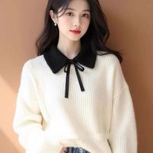 高级感白色翻领蝴蝶结毛衣女秋冬新款超好看慵懒软糯撞色针织上衣