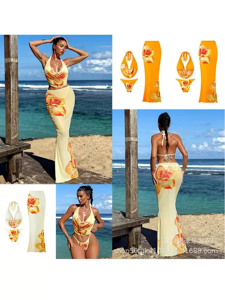 2025 Summer Elegant Floral Print Top Paired with a Slim-Fitting Cover-Up Long Skirt Three-Piece Swimsuit Set for Women with a High-End Feel