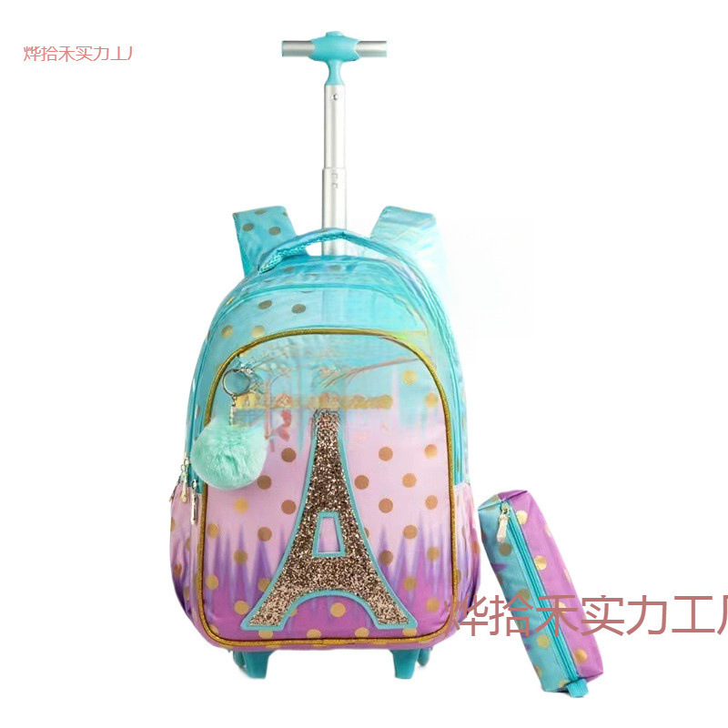 Una pieza de torre brillante bolsas escolares de estudiantes de primaria bolsas de tirón de tres piezas para reducir la carga y respirar para niños y niñas dobles