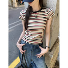 小众女装夏季穿搭新款正肩短袖t恤女显瘦短款条纹上衣洋气衣服女